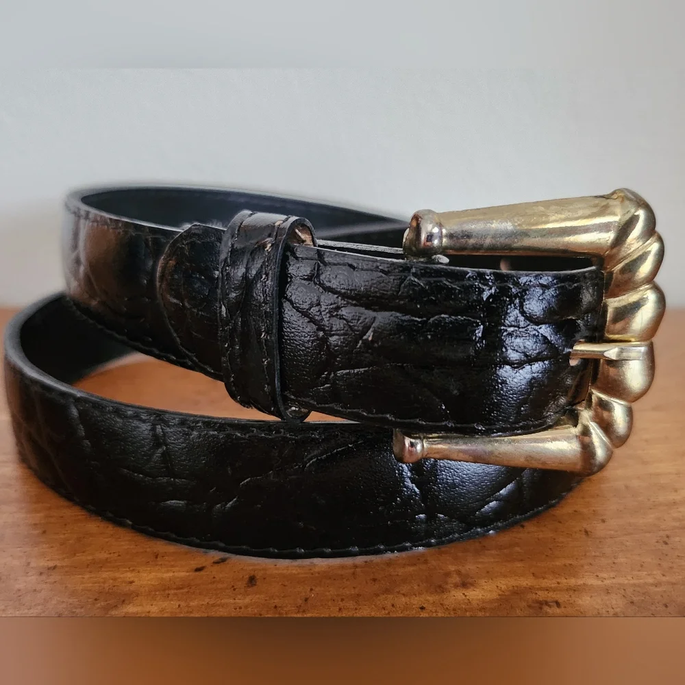 Mexico Dark Brown Faux Leather Textured Belt Gold Tone Metal Buckle